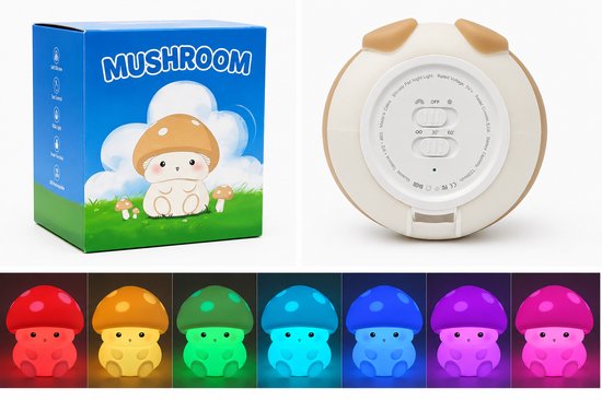 Paddenstoel Nachtlampje – Siliconen Babylamp voor Babykamer & Kinderkamer – RGB Kleuren – Oplaadbaar – 3 Lichtstanden – Timerfunctie