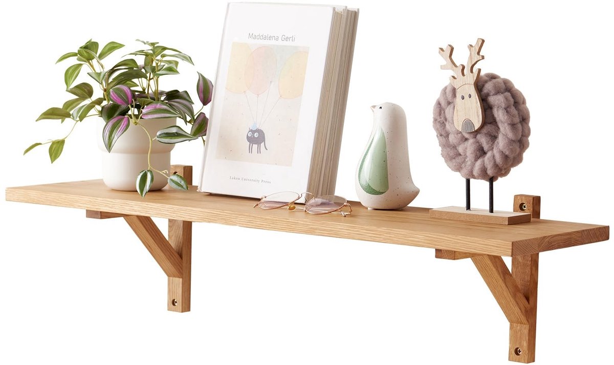 Dailygoods- Zwevende Plank Eiken 80 cm - Wandplank Hout - Decoratieve Plank - Massief Eiken - Inclusief Driehoekige Houders - Voor Slaapkamer/Woonkamer