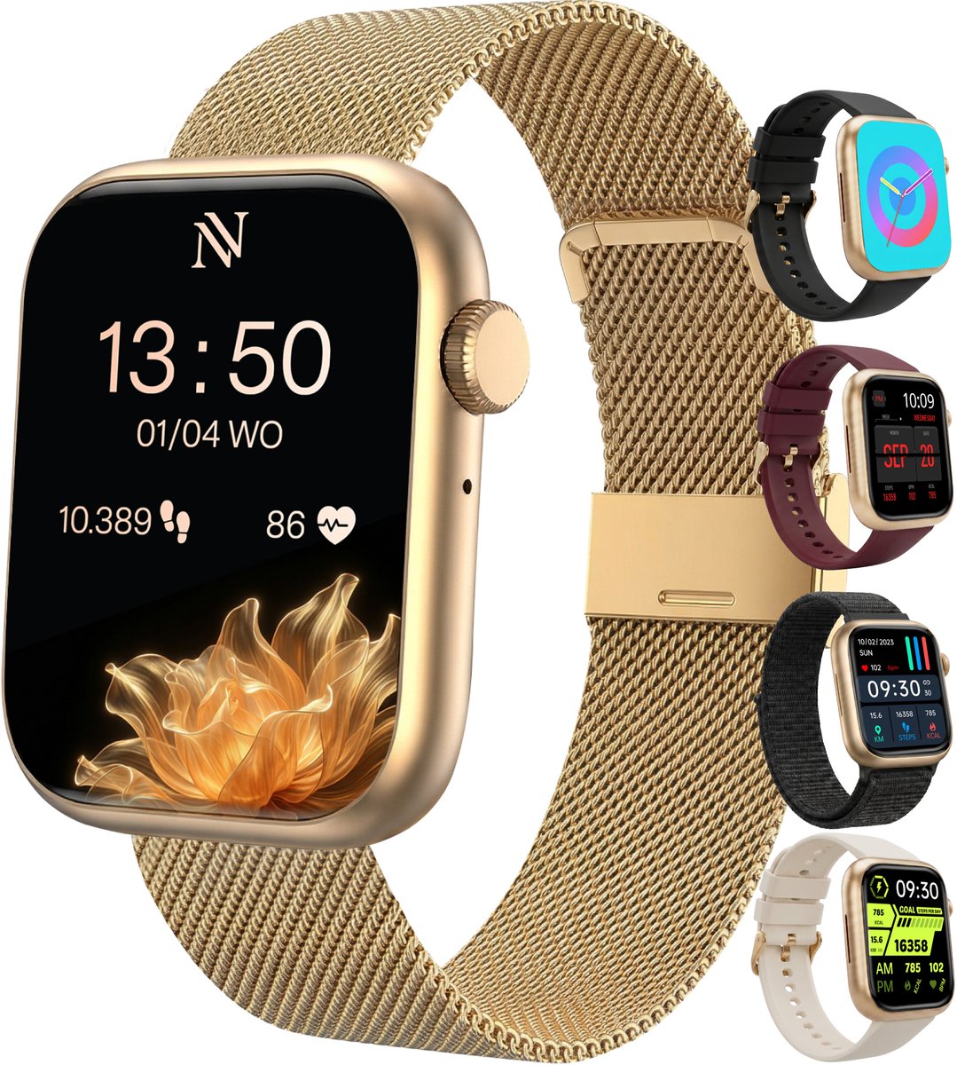 Nuvance Smartwatch Dames - Stappenteller Horloge Dames - Hartslagmeter Horloge - Geschikt voor iOS/Android - Incl. 5 Bandjes - Goud