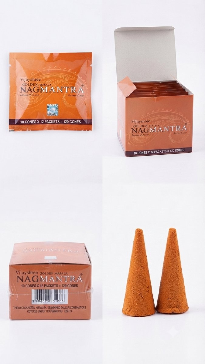 Vijayshree Golden Masala Nagmantra Wierookkegels - 120 Stuks (12 Pakjes x 10 Kegels) - Premium Natuurlijke Wierook Natuurlijke Ingrediënten en Heerlijke Aroma Met Kajal Sticker bruin