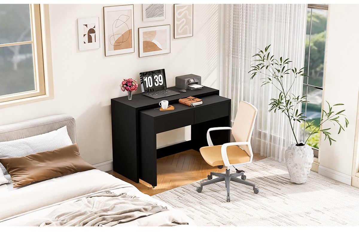 YYchan hoekbureau - zwart - 110 x 40 x 78 cm - met lade - met opbergruimte - met wielen