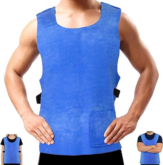 Blauw koelvest gedragen door een man. Twee kleinere afbeeldingen tonen het vest gedragen door een vrouw en een man.