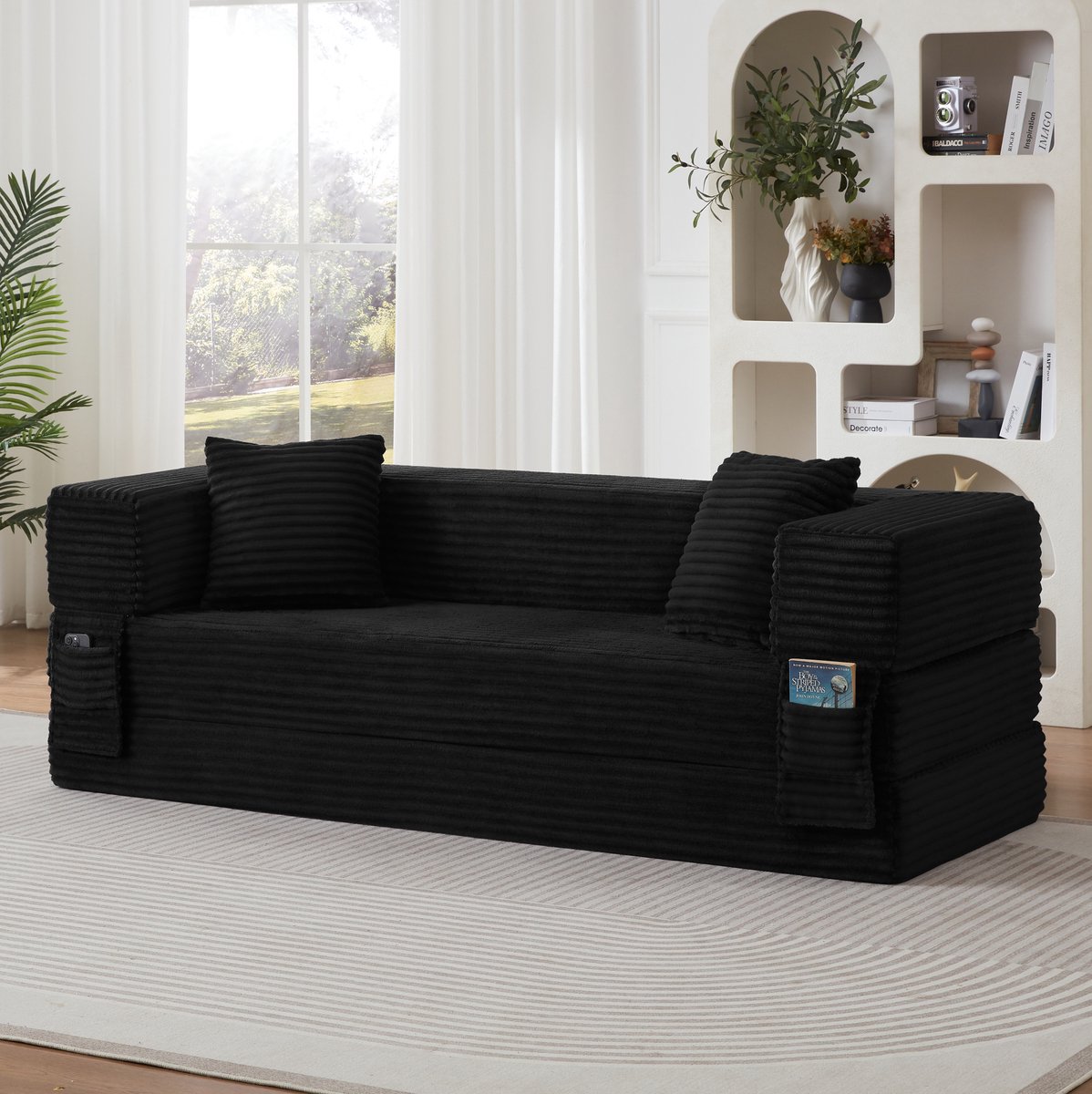 MIVRAY Slaapbank 200 x 76 x 60 cm - Omvormbaar Tot Klein Tweepersoonsbed - Voor Appartement En Woonkamer - Stof Zwart