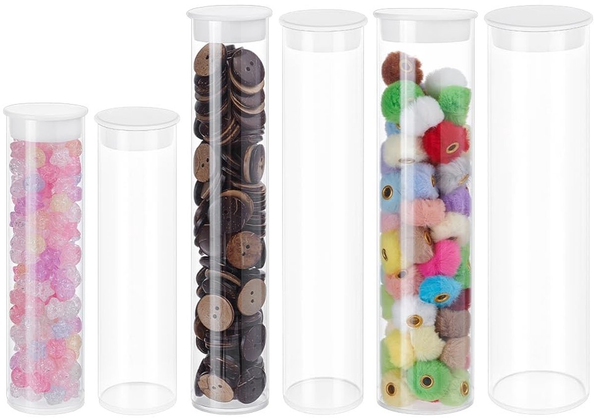 Dailygoods- Opbergbuizen - 6 Stuks Transparant - Ronde Buis met Deksel - Voor Kralen/Kantoorbenodigdheden - Hoogwaardig PC-Materiaal - Stof- en Vochtbestendig - Opbergbuis