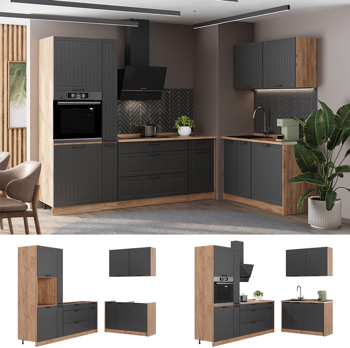 Vicco Keuken Fame-Line, Donkergrijs/Goudkleurig Eiken, 220 x 120 cm, WB Antraciet