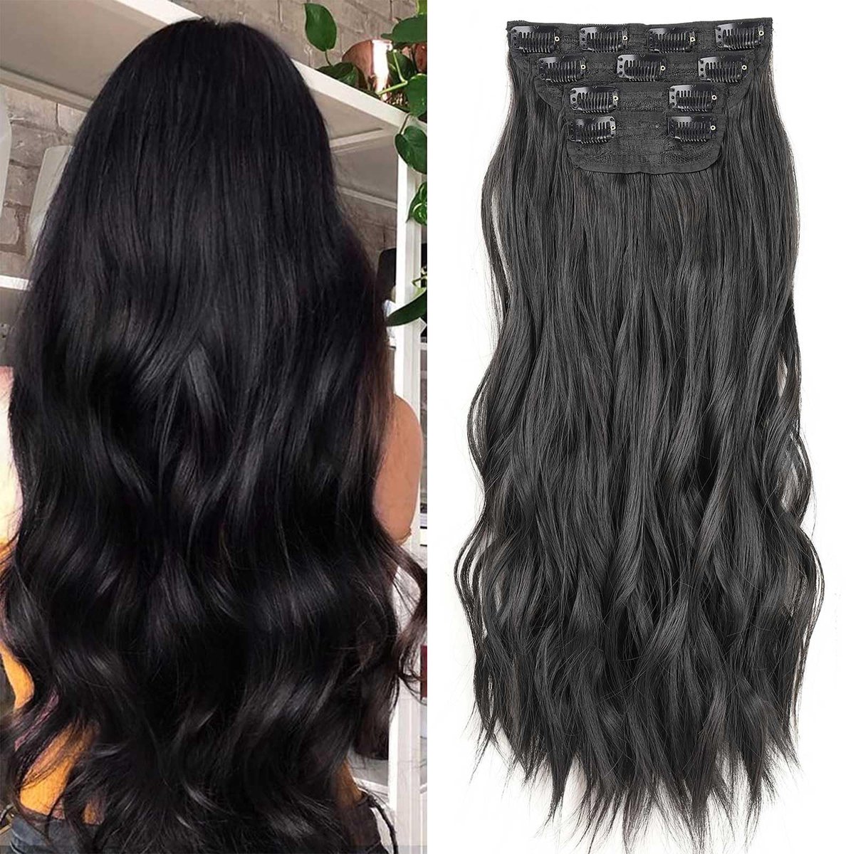 Dailygoods - Xtrend Clip-in haarextensie, 20 inch synthetische extensies, voor dames en meisjes, set van 4, dik krullend/golvend