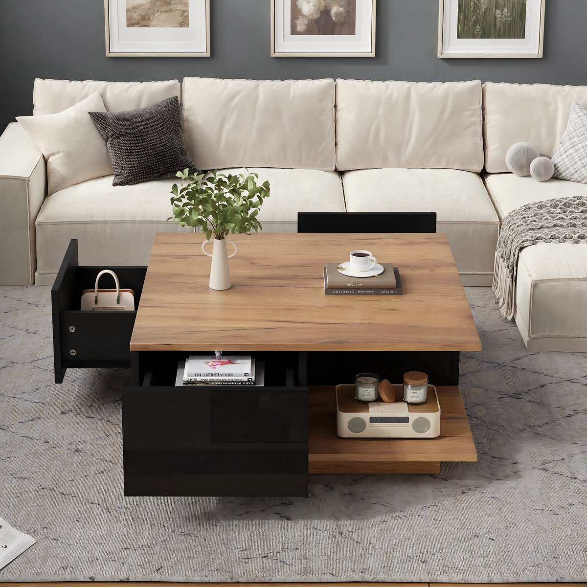 Salontafel 70x70x31,5 cm - met 3 lades - geometrische salontafel - woonkamer tafel - bijzettafel - zwart en houtkleur