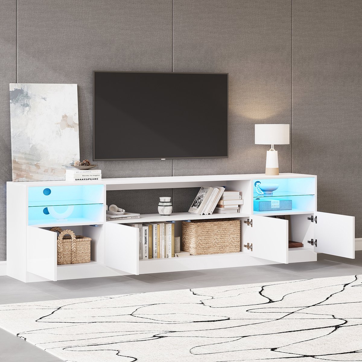 Tv meubel met LED-verlichting - open vakken - 8 opbergvakken - witte hoogglans kast - voor woonkamer en eetkamer - 180x35x60 cm
