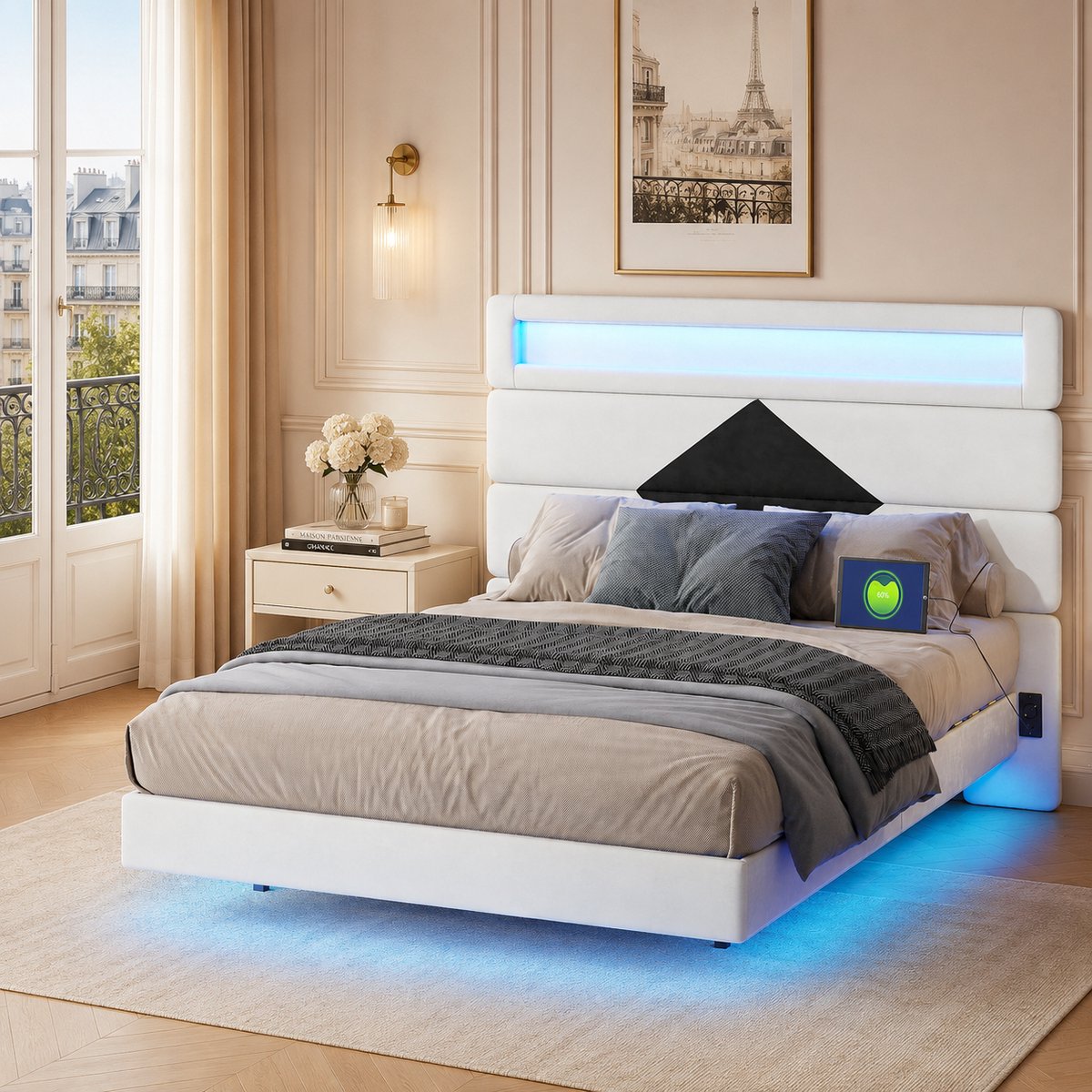 MEXUS Tweepersoonsbed 140x190 cm met ledverlichting en 2 USB-poorten, Gestoffeerd met lattenbodem en verstelbaar hoofdeinde, bedframe voor 2 personen, fluweel Wit