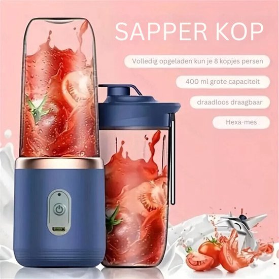 Sapcentrifuge - Draagbare blender - Smoothiemaker - Smoothiemaker van 400 ml - Oplaadbare blender - Fruitblender - 2-in-1 - Blender en drinkbeker - Draagbare reisblender - Blender voor onderweg - Inclusief shakerbeker! — afbeelding 4