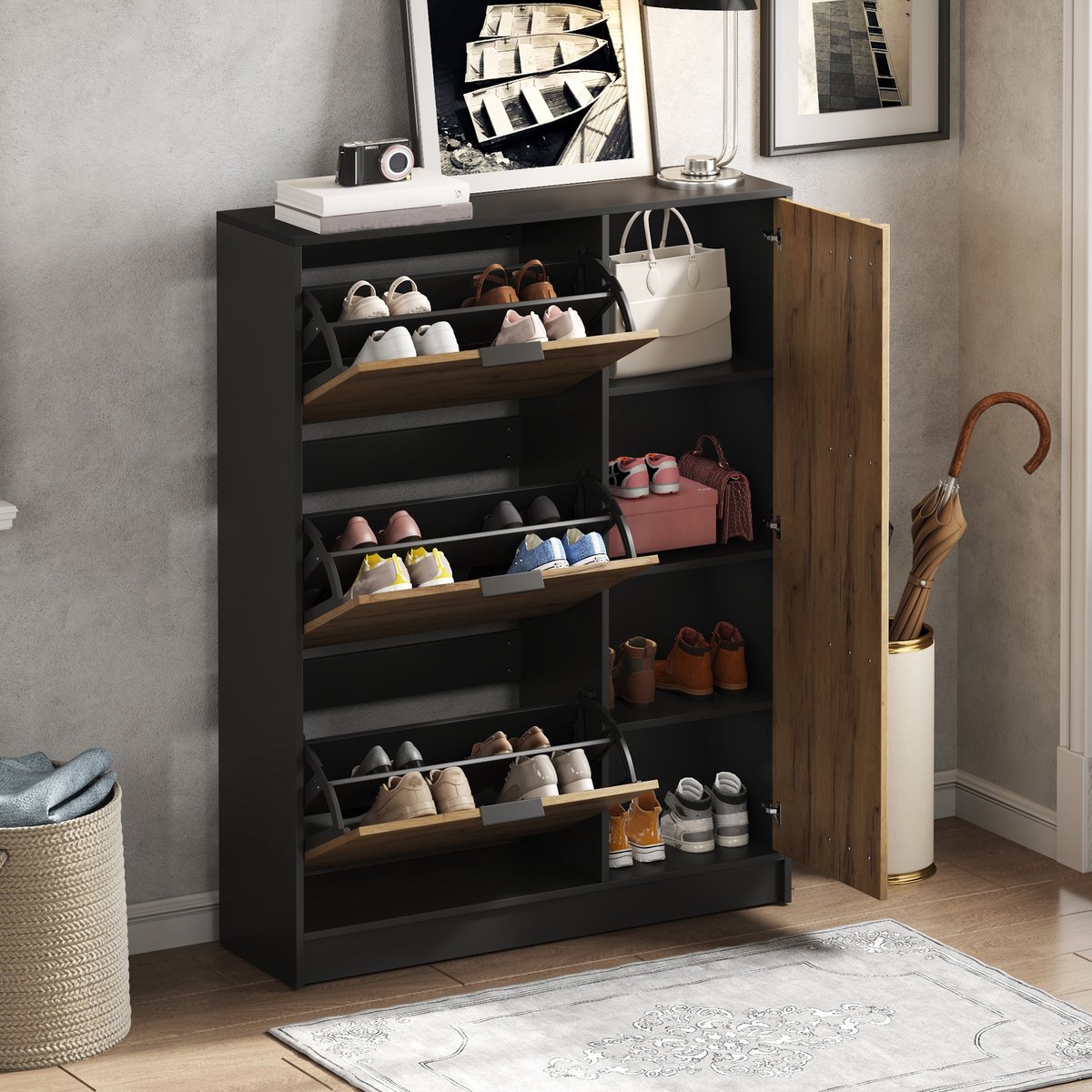 Schoenenkast 100x30x130cm - met 3 klapdeuren en 1 deurvak - plaats voor maximaal 12 paar schoenen - halmeubel - houtkleur en zwart