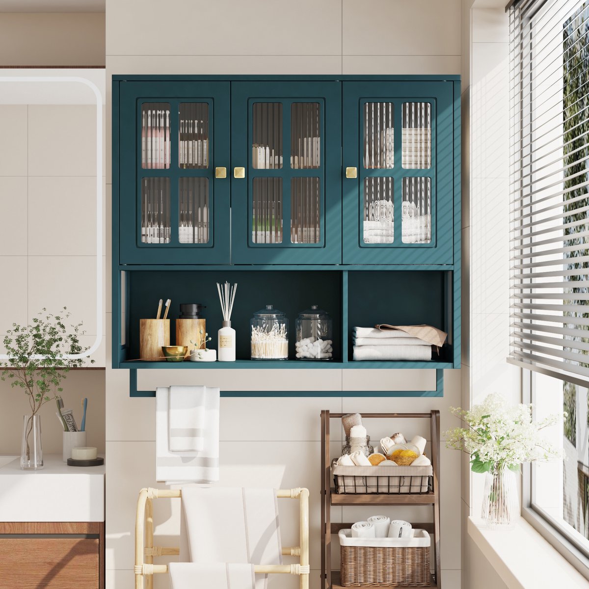 REDOM - Wandkast - 3 deuren en handdoekstang - wandmontage met open en gesloten opbergruimte - moderne stijl - Badkamer - MDF en glas - Donkergroen - 88 x 26 x 82,5 cm