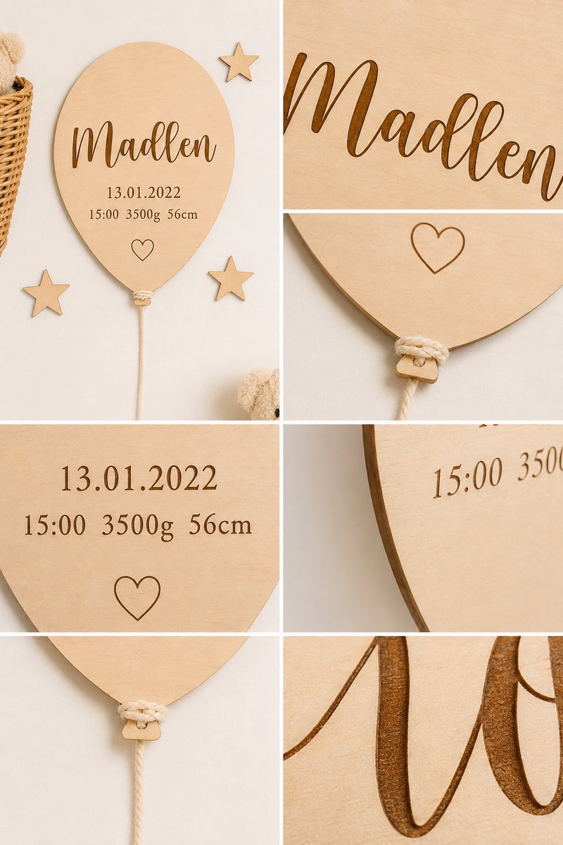 Houten Ballon Geboortebord met Naam – Gepersonaliseerde Baby Wanddecoratie – Geboortegegevens Gegraveerd – Kinderkamer Decoratie – Berken Multiplex