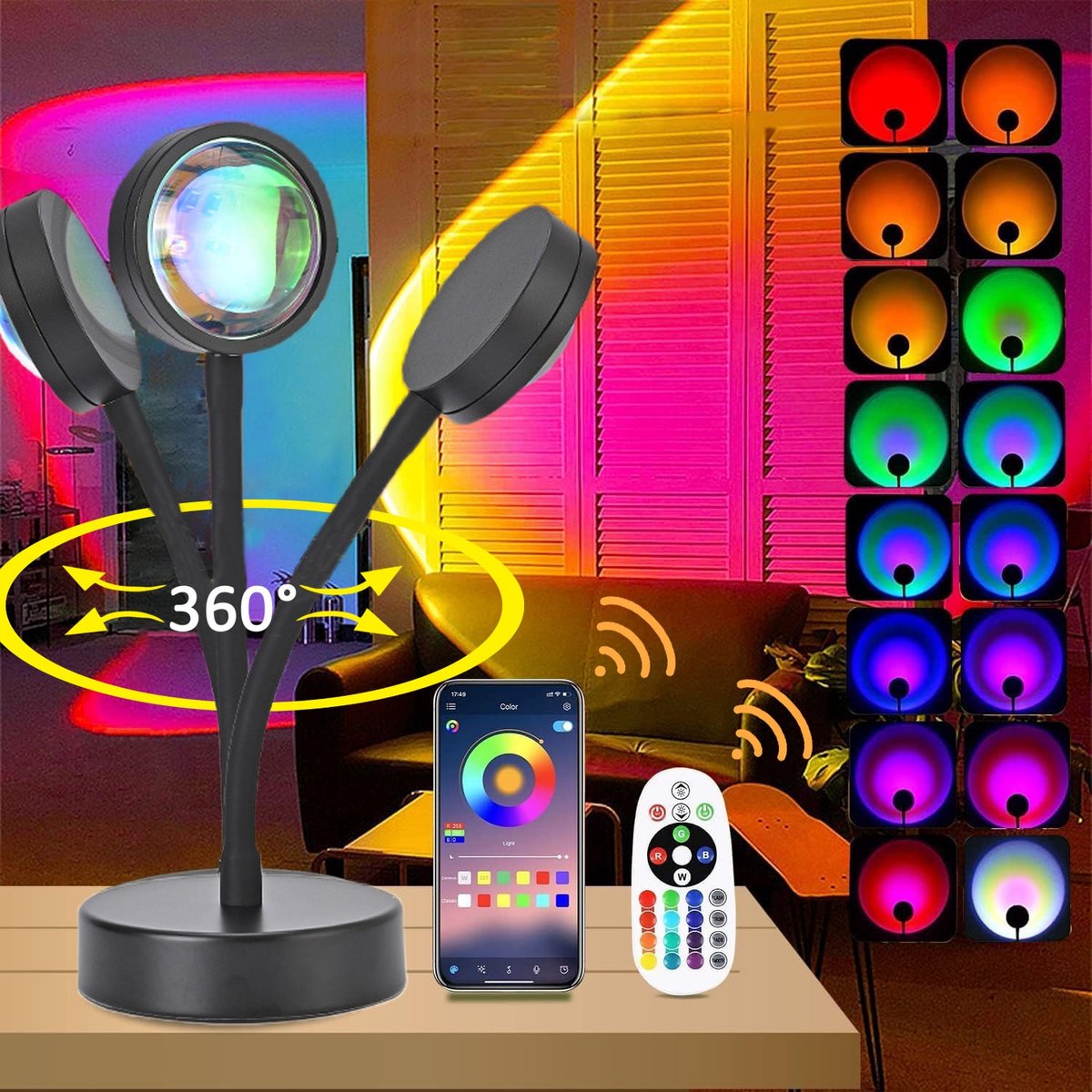 Nachtlamp - Sunset lamp - TENZHVXI® - Met 'Sunset Red'-projectie - In hoogte verstelbaar - 360 graden draaibaar - RGB - 4 knippermodi - 16 lichtkleuren - Inclusief afstandsbediening - Bluetooth - Zwart