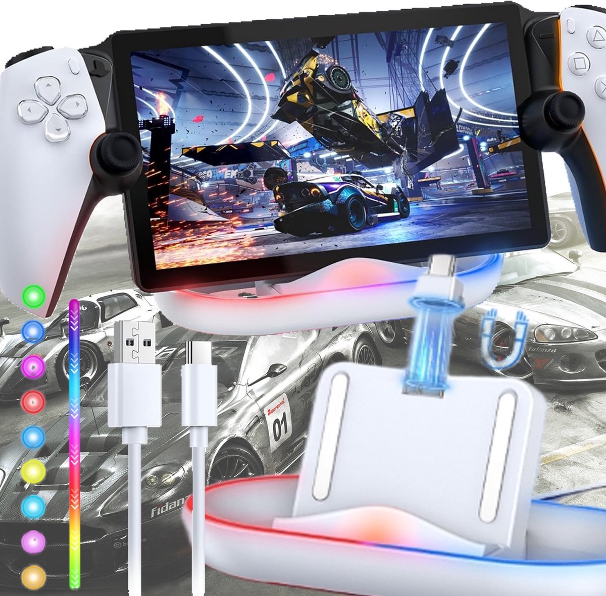 PS5 Oplaadstation - Oplaadstation geschikt voor Playstation 5 - TENZHVXI® - 14 RGB kleuren - Oplaadindicator - Magnetisch - USB-C - ABS - Laadstation voor PlayStation Portal (geschikt voor gebruik met hoes) - AI batterijbescherming - Wit