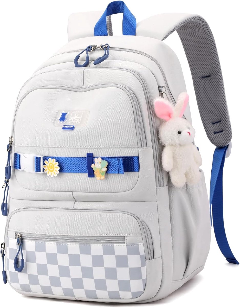 COOAU - Kawaii Geruite Tiener Rugzak met Konijn Knuffel Sierhanger - Schattige Lichtgewicht Schoolrugzak voor Tieners - Meervaks Waterbestendige Studententas voor Middelbare School