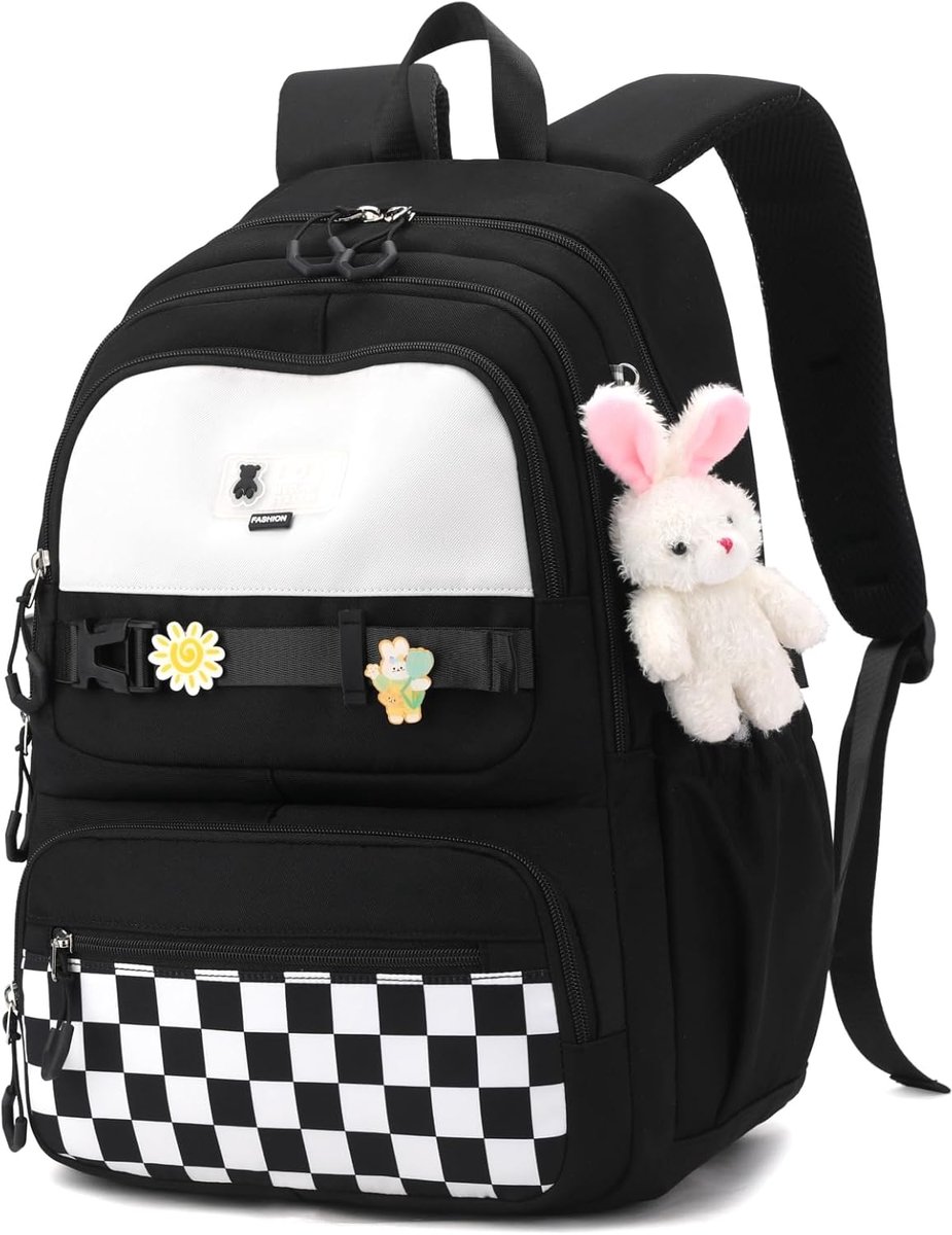 COOAU - Kawaii Geruite Tiener Rugzak met Konijn Knuffel Sierhanger - Schattige Lichtgewicht Schoolrugzak voor Tieners - Meervaks Waterbestendige Studententas voor Middelbare School