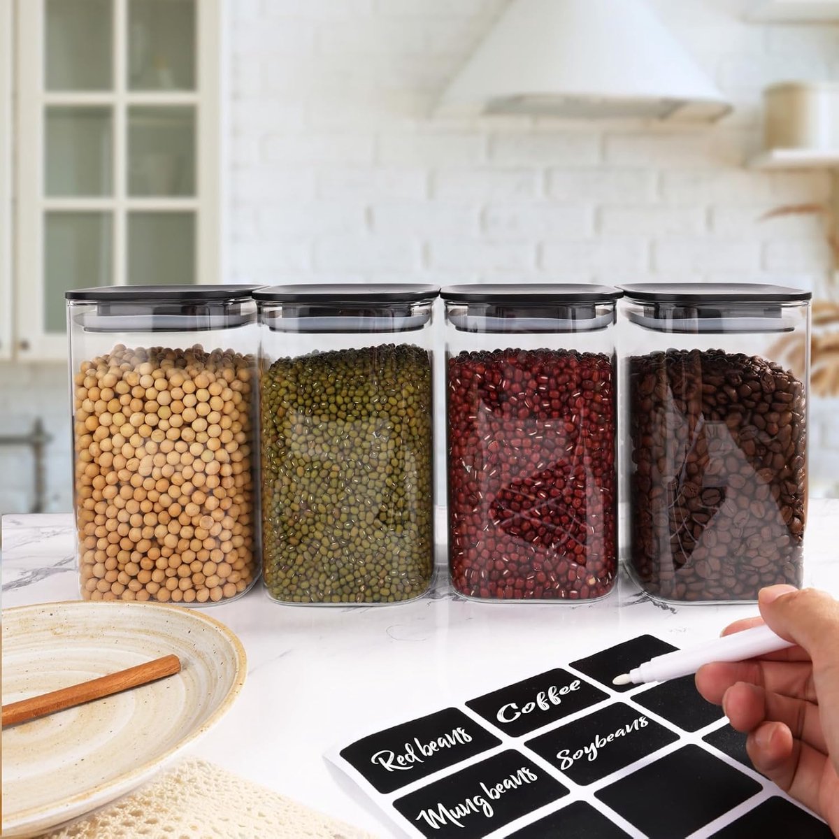 Set van 4 voorraadpotten met deksel, 1,2 l voorraaddozen, glas, vierkant, luchtdicht voorraadglas met zwart deksel, glazen container, opbergpotten voor keuken, pasta, pasta, meel, bonen — cadeau in Wonen & Interieur - foto 5