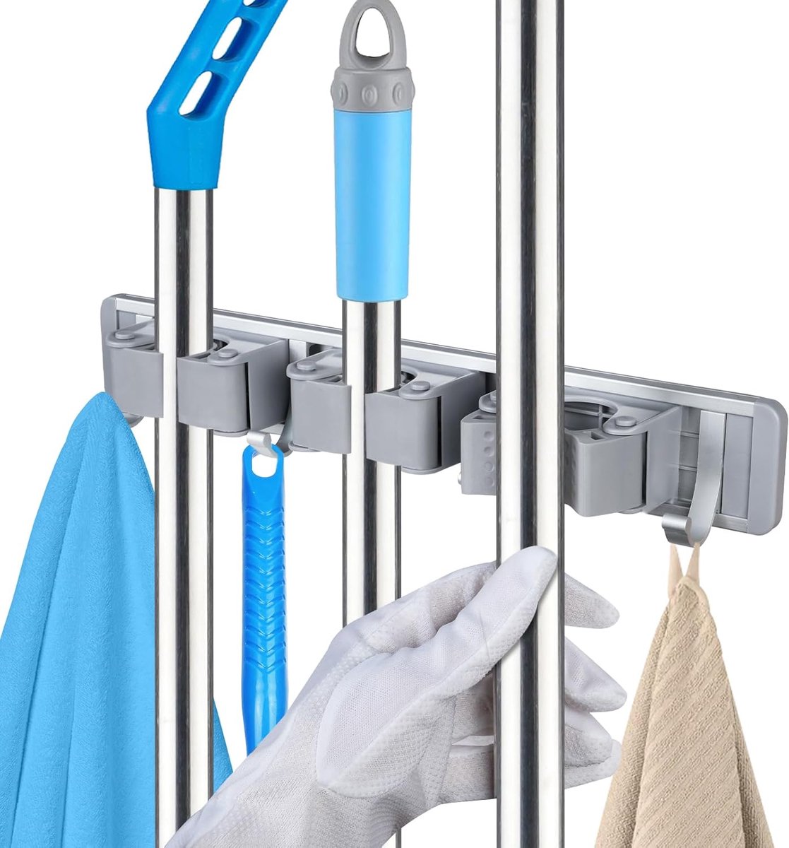bezemhouder muur, Bezemhouder voor aan de muur, bezemhouder apparaathouder met 3 houders en 4 haken, houder organizer voor huis, keuken, garage, tuin