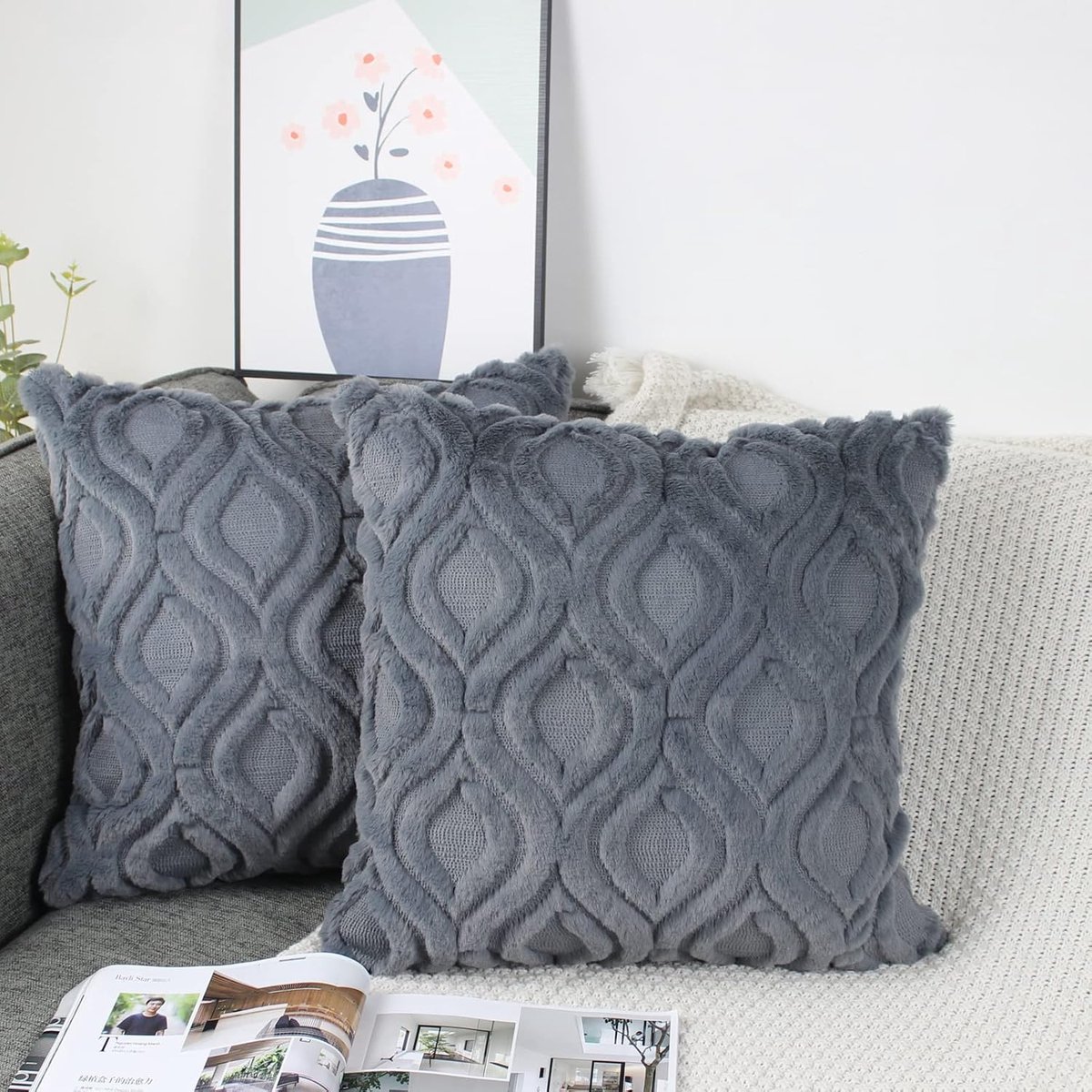 Set Van 2 Kussenslopen Van Pluche Wol 40 x 40 Antracietgrijs Fluweel Boho Decoratief Kussen Pluizig Bankkussen Bontkussenhoezen Voor Bank Woonkamer Moderne Kussenhoes Bankkussen