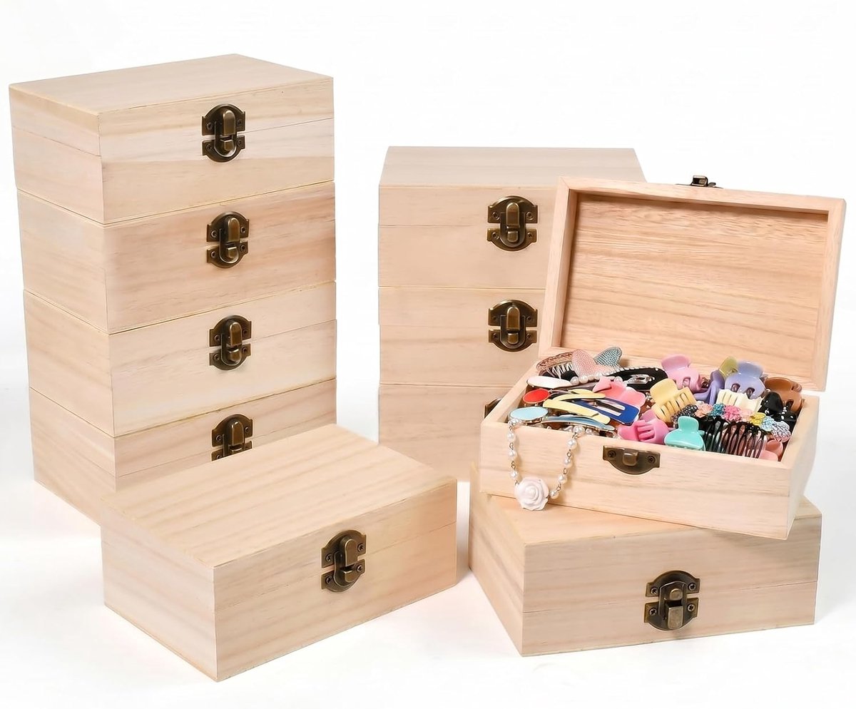 10 stuks houten doosje met deksel 15x10x6cm Houten kist rechthoekige houten schatkist sieradenkistjes van hout opbergdoos met scharnieren DIY herinneringsdoos voor Opbergen en Decoreren