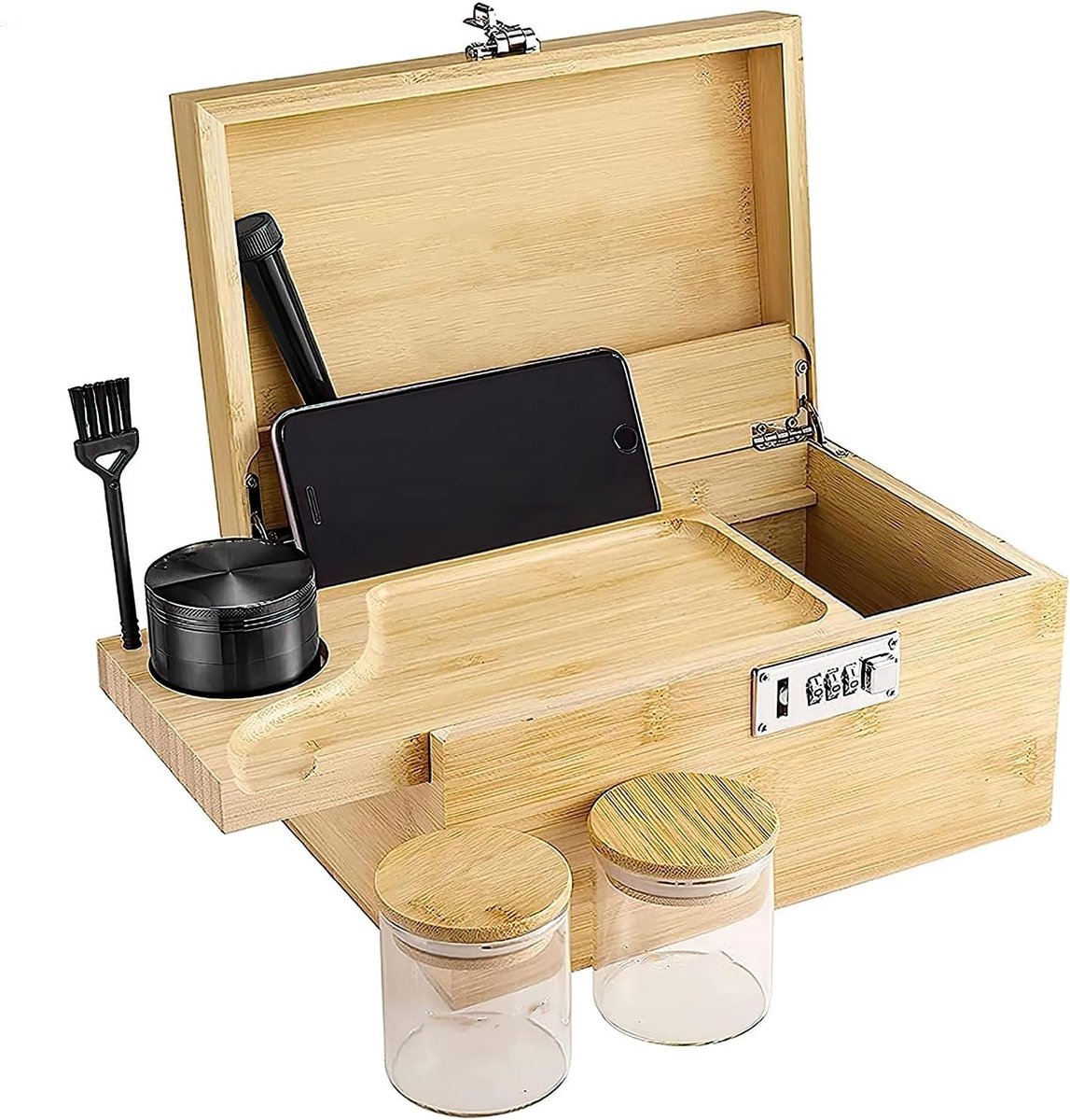 Bamboebox met cijferslot, Decoratieve opbergbox van hout met rollenblad en alle accessoires, perfecte keuze als geschenk (25,5x17,5x13cm)