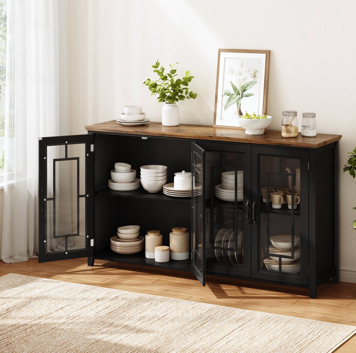 STILVORA Dressoir - Glazen Deuren En Royale Opbergruimte - Voor Keuken Eetkamer En Woonkamer - MDF En Houtlook - 160x40x86 Cm - Zwart