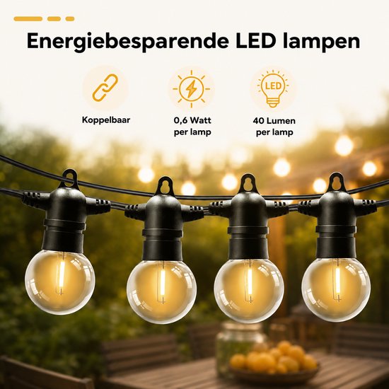 Zwarte lichtslinger met vier doorzichtige globe ledlampen, buiten opgesteld.