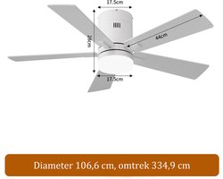 2-in-1 Plafondventilator, LED-Plafondventilator, 3 Instelbare Kleuren, 6 Snelheden, 5 Bladen, Timerfunctie, Geschikt voor Zowel Winter als Zomer, Ideaal voor Meer Comfort (Wit, 107 cm)