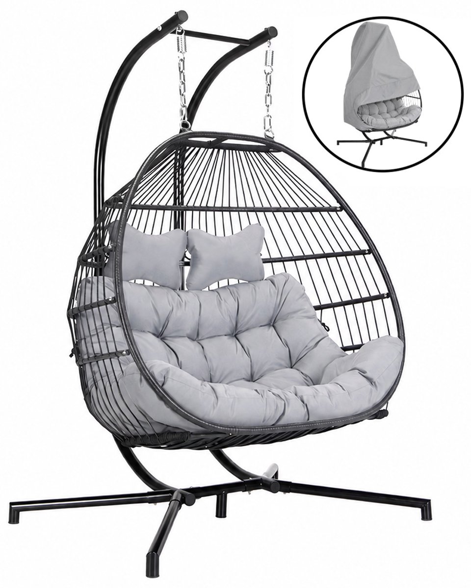 Ogarden Hangstoel Alta met Weerhoes - 2 Persoons Hangstoel met Zwart Standaard - Grijs Kussen - Opvouwbare Basket - Voor Binnen & Buiten