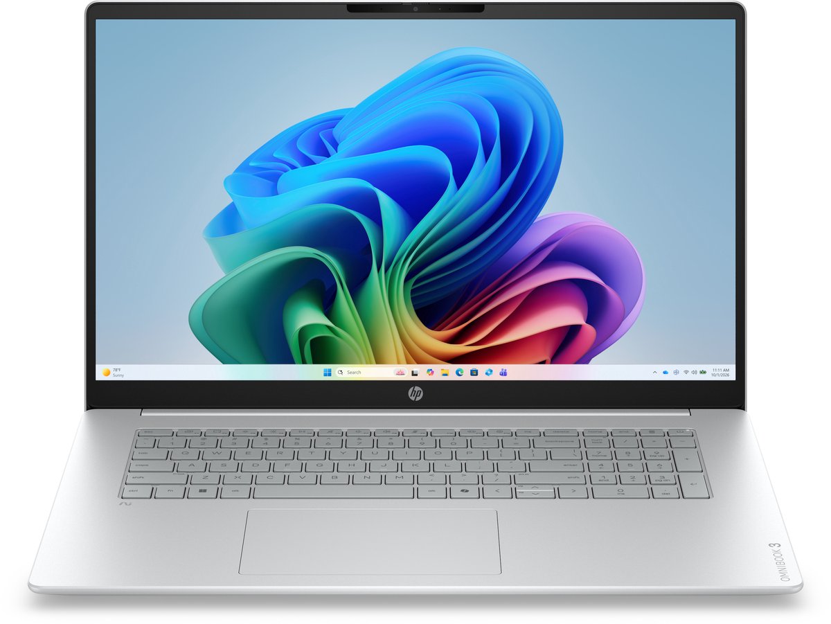 HP OmniBook 3 AI PC 17-dg0005ndx Intel Core 3 Laptop 43,9 cm (17.3") Full HD 12 GB DDR5-SDRAM 512 GB SSD Wi-Fi 6 (802.11ax) Windows 11 Home Grijs, Zilver QWERTY