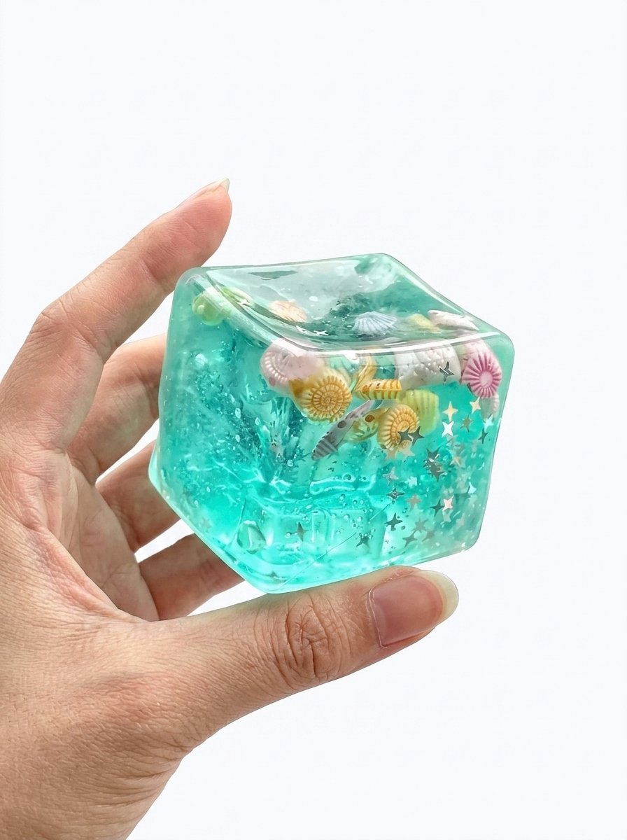 Hoekly™ Squishy Oceaan Kubus – 2 stuks - Sensorische Stressbal met Schelpjes – Zacht Antistress Knijpspeelgoed – 4,5 cm – Voor Kinderen en Volwassenen