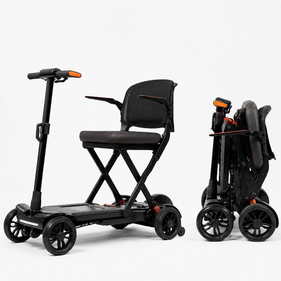 Zwarte opvouwbare scootmobiel met oranje accenten, naast een opgevouwen versie.