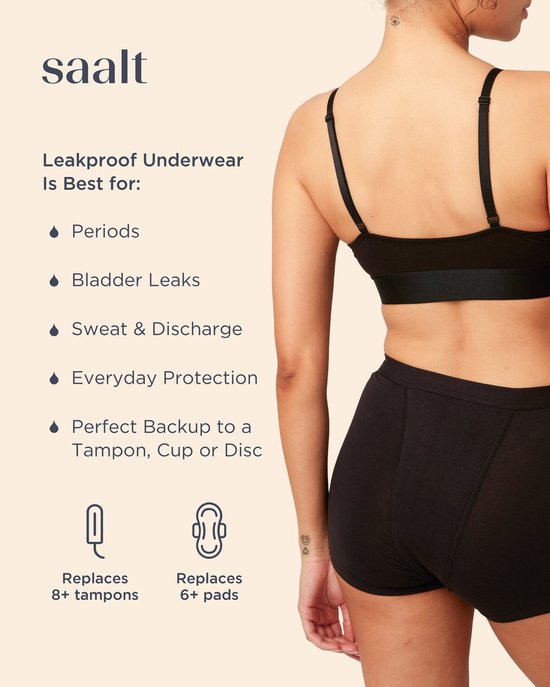 Een vrouw in zwarte Slaapshort met hoge taille en een zwarte sportbeha. Tekst noemt 'Leakproof Underwear'.