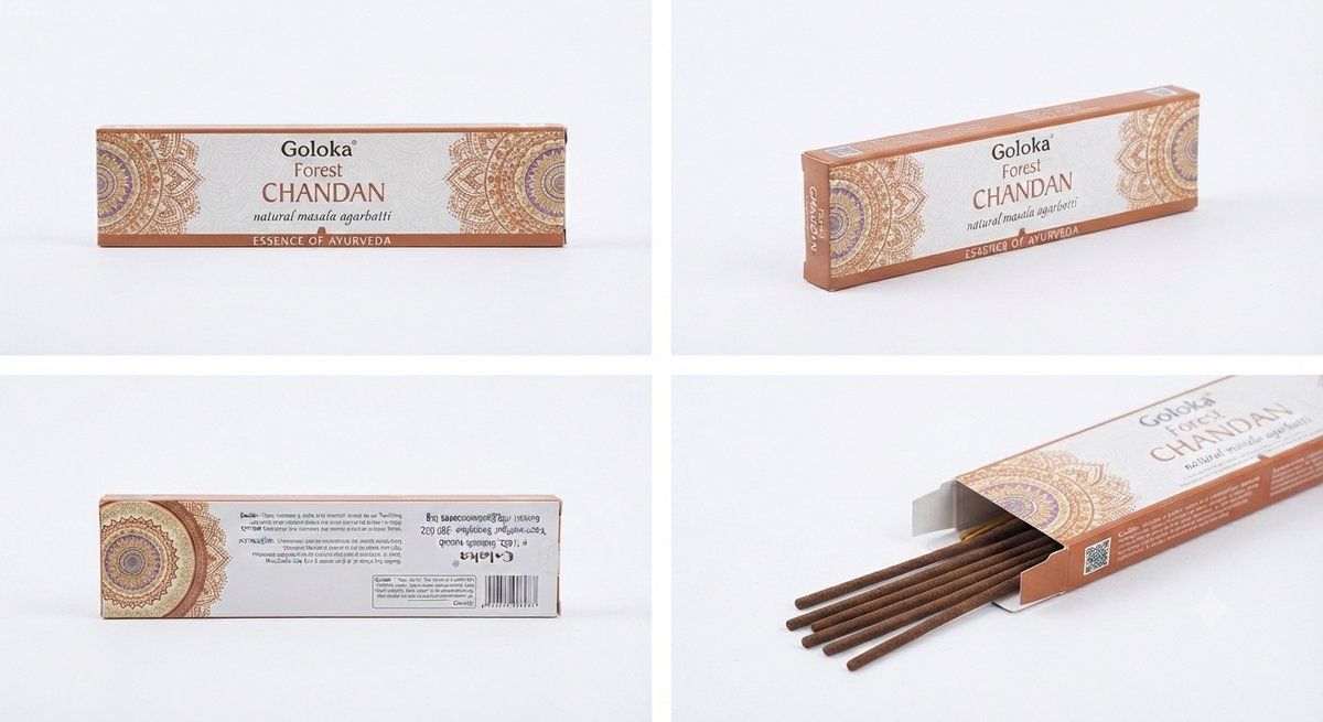 Goloka Forest Chandan Wierook – 12 X 15g Natuurlijke Masala Agarbatti – Ayurvedische Geur voor Ontspanning en Meditatie Premium Ayurvedische Wierookstokjes voor Rust en Reiniging Met Kajal Sticker Bruin