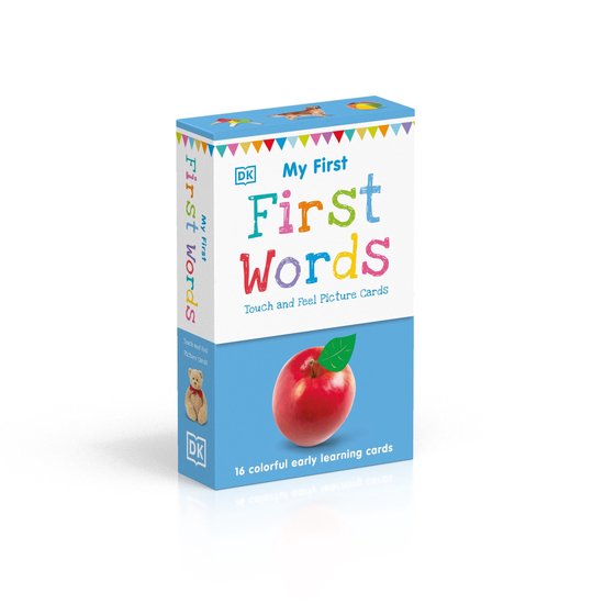 Verpakking van 'My First First Words Touch and Feel Picture Cards' met appel en teddybeer.
