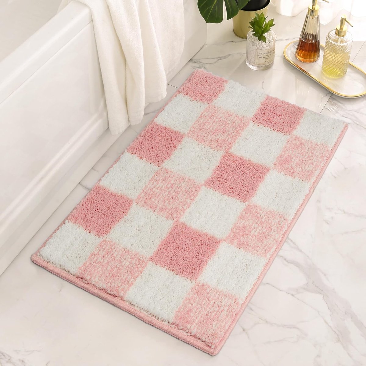SAYS Roze geruite badkamertapijten decor, 60 x 40 cm, pluizig tapijt, absorberende microvezel ultra zachte badmat wasbaar, antislip badmatten voor badkamer, schattige vloermat voor bad, douche