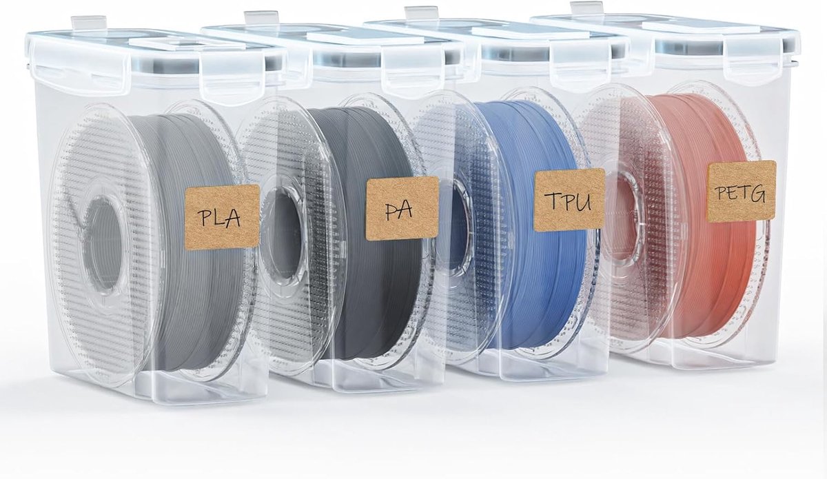 Filament opbergdoos, 4 stuks filamentcontainers voor 3D-printen, filamentverzegeling en bescherming, draagbare opslag met droogmiddel en etiketten, water- en stofdicht, 4,0 l