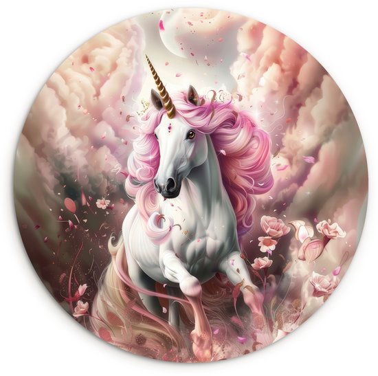 WallCircle® Wandcirkel 30x30 cm - Muurcirkel Eenhoorn - Meisje - Roze - Bloemen - Sprookje - Muurdecoratie woonkamer - Wanddecoratie slaapkamer - Kamer decoratie accessoires - Ronde schilderijen