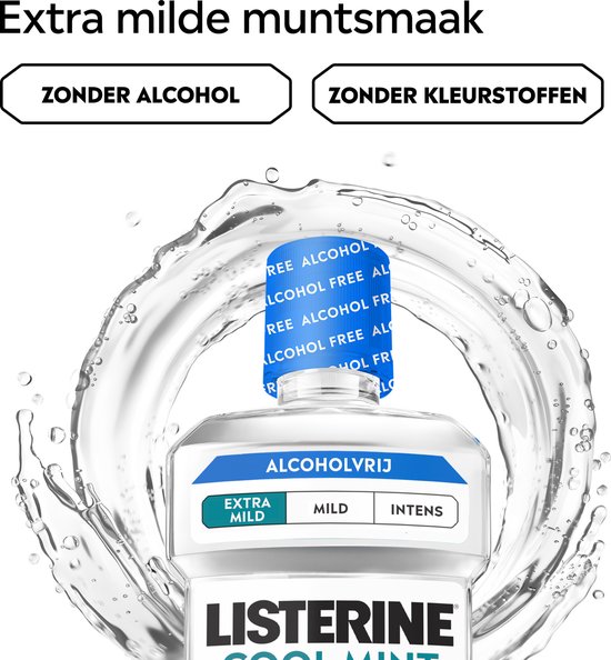 Fles Listerine Cool Mint extra milde munt smaak, zonder alcohol en kleurstoffen.