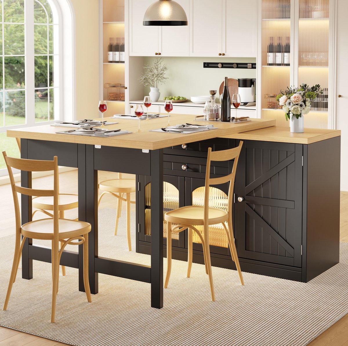 OKWISH Eettafel - Uitschuifbaar Keukeneiland Met 360 Graden Draaiblad - 120-194 x 40 x 73,5 cm - 2 Lades En Glazen Deuren - MDF Zwart