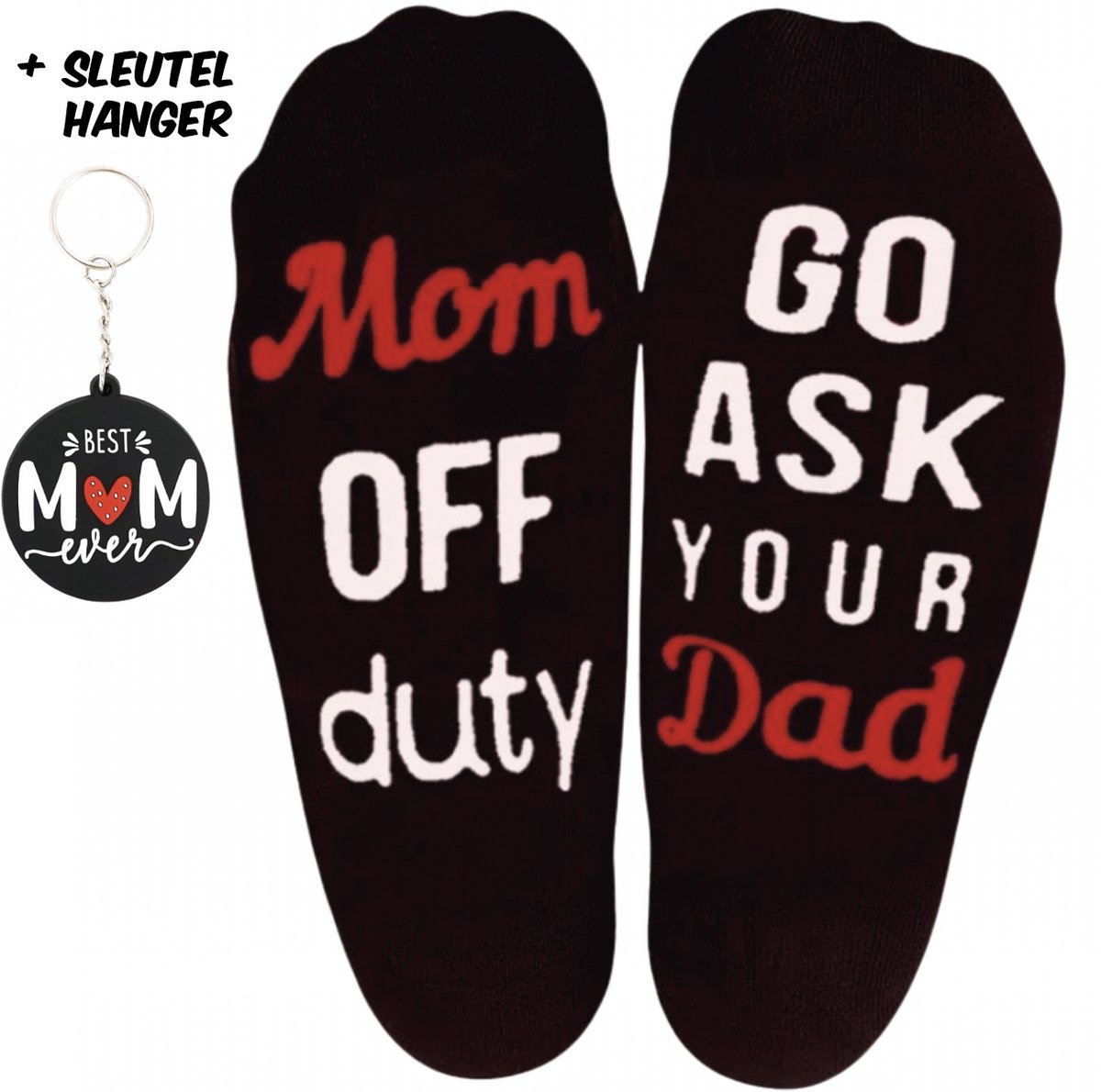 SilverAndCoco - Mama wilt Rust Sokken + I Love Mom Sleutelhanger / Gekke Vrolijke Leuke Grappige Happy Warme Dames Socks / Huissokken Verjaardag Geschenk Sok Outfit Katoen / Vrouwen Sinterklaas Schoen Kerst cadeau met Tekst - Mom off Duty