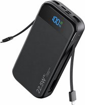 Sounix Powerbank 30.000 mAh - 22.5W Snellader - Ingebouwde Kabels - 5 Oplaadpoorten - LED Indicatie - Zwart