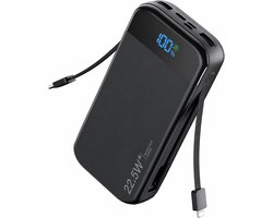 Sounix Powerbank 30.000 mAh - 22.5W Snellader - Ingebouwde Kabels - 5 Oplaadpoorten - LED Indicatie - Zwart
