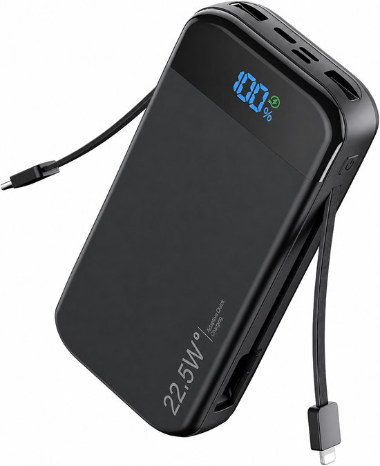 Zwarte Sounix powerbank met 22.5W Adaptive Quick Charging, LED display, en twee ingebouwde kabels.