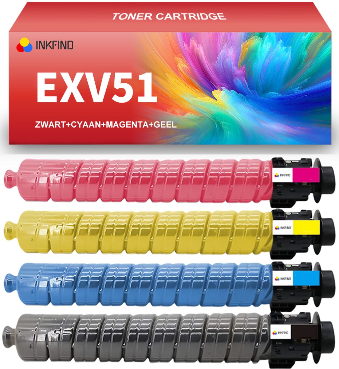 INKFIND EXV51 Zwart/Cyaan/Magenta/Geel tonercartridge compatibel met Canon C-EXV51 EXV51 geschikt voor Canon imageRUNNER ADVANCE C5535/C5535i/C5535F/C5540/C5540i/C5540F/C5550/C5550i/C5550F/C5560/C5560i/C5560F - 4-pack BKCMY