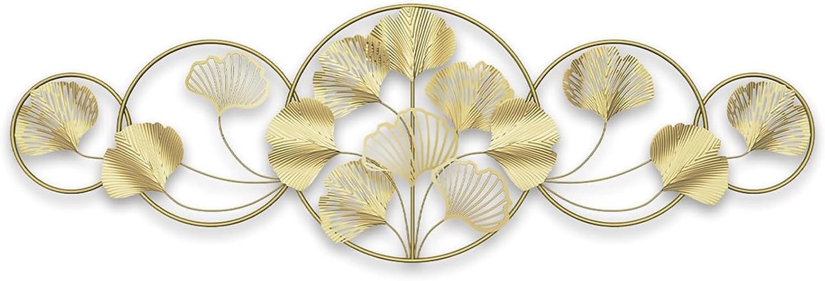 Wanddecoratie Ginkgo goud, wanddecoratie metaal groot, wanddecoratie woonkamer voor thuis muurkunst decoratie, 3D wanddecoratie Gingko, blad instelbaar, 128 x 43 cm