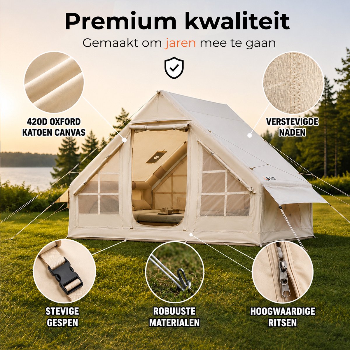 Lenx Opblaasbare Tent 2 tot 4 Personen - 300x210x200 cm - Air Tent - Glamping Tent - Waterdicht - Beige - Inclusief Grondzeil 4x5 m - 420d Oxford Stof – foto 2