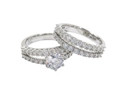 Wit zilverkleurige ring set dames maat 9 met steen ronde transparante steen 6 klauwzetting ring set 2 delig pavé ring met transparante stenen