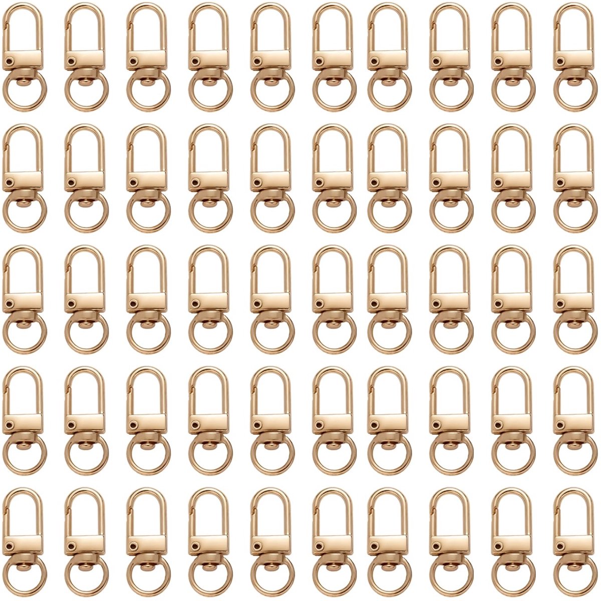 50 stuks gouden karabijnhaken, draaibare sleutelhanger, metalen karabijnsluitingen, kleine karabijnhaak met draaischarnier, U-vormige sleutelringen voor doe-het-zelf tassen, sleutelring, stekker